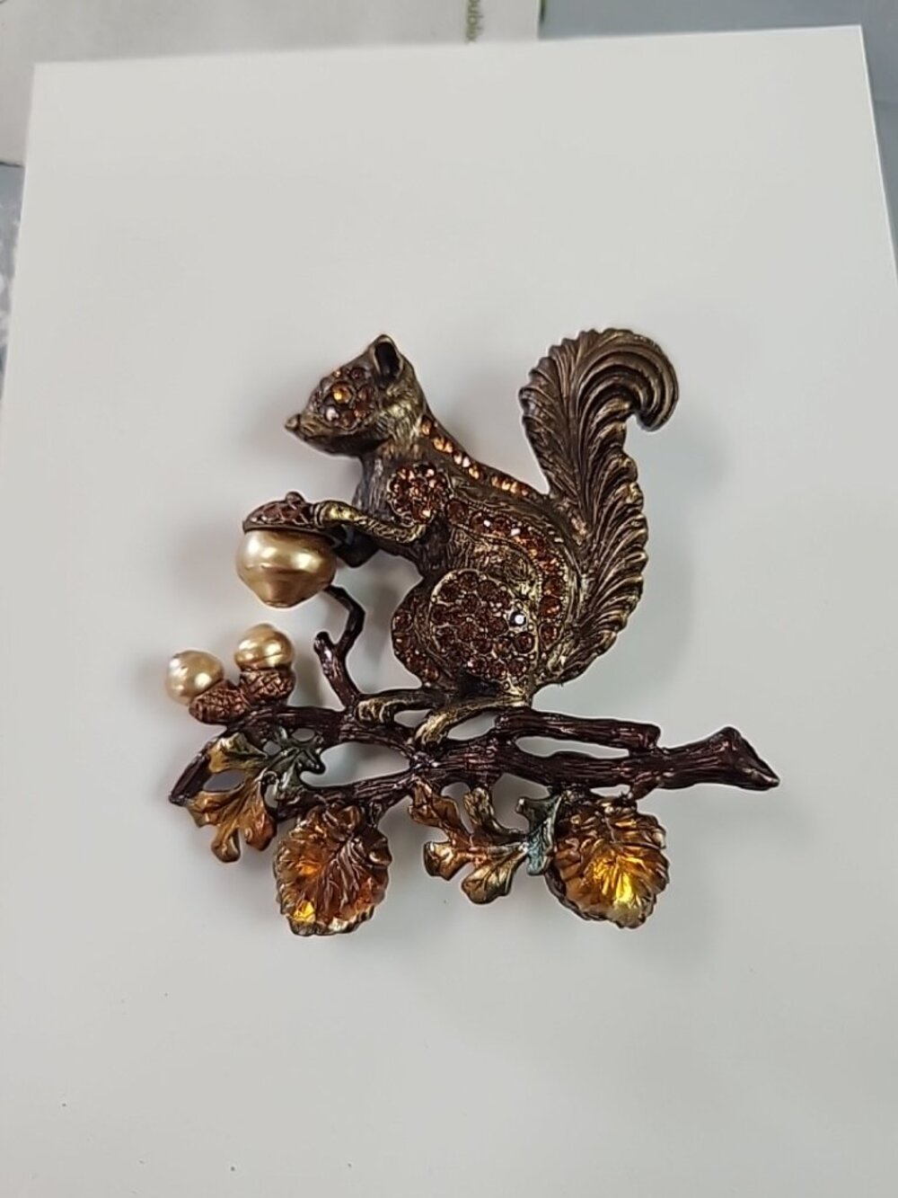 Vintage Sweet Romance Squirrel Fall Brooch Pin Glass Pearl Acorn Made in the USA